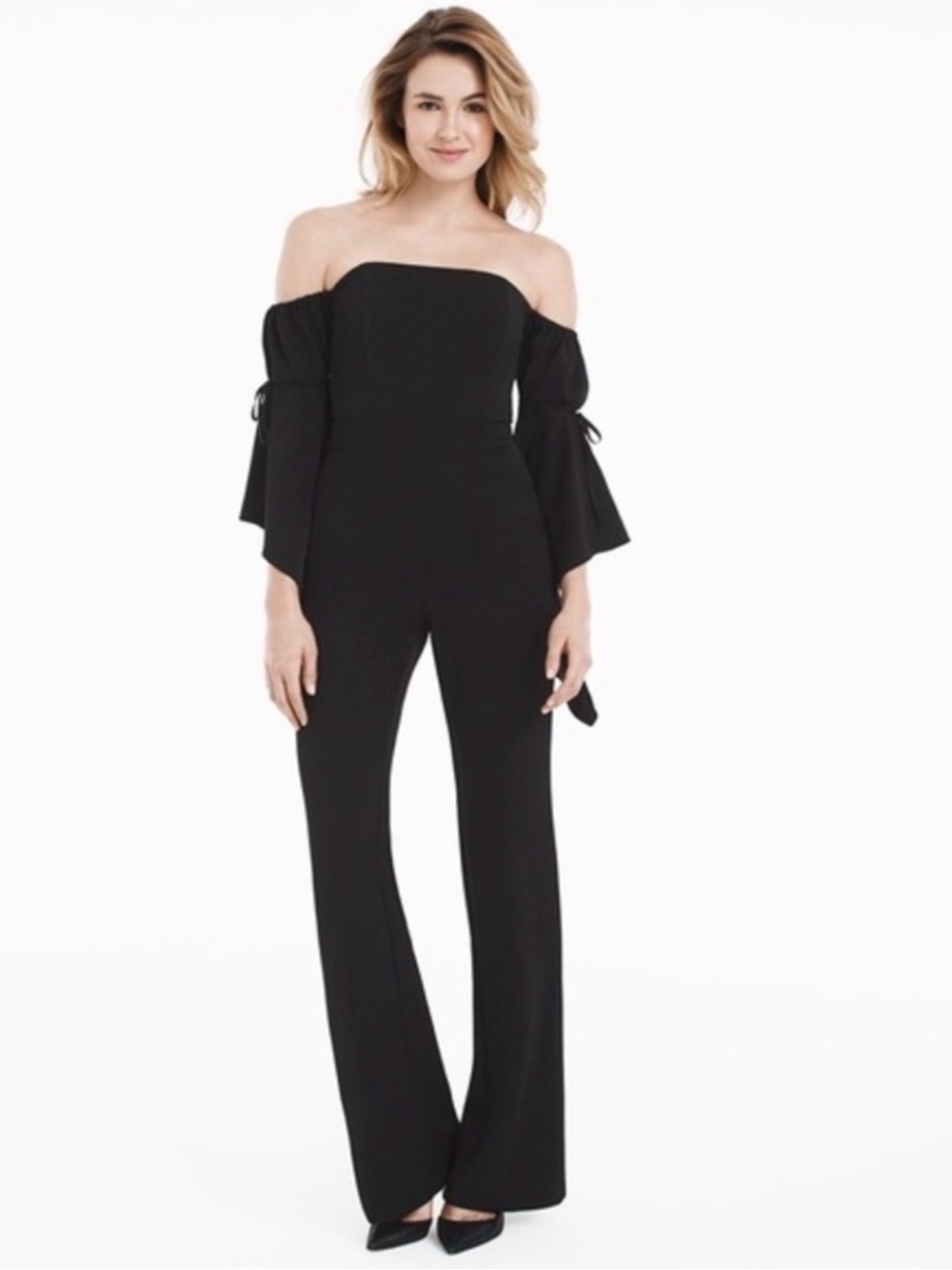 White House Black Market Black Off-Shoulder Jumpsuit with Flared Tie Sleeves